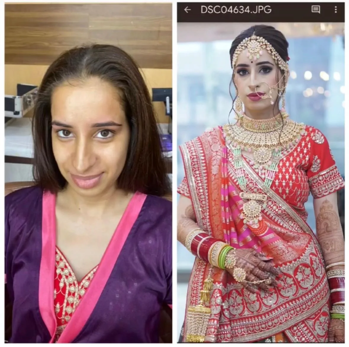 Bridal makeup before and after transformation